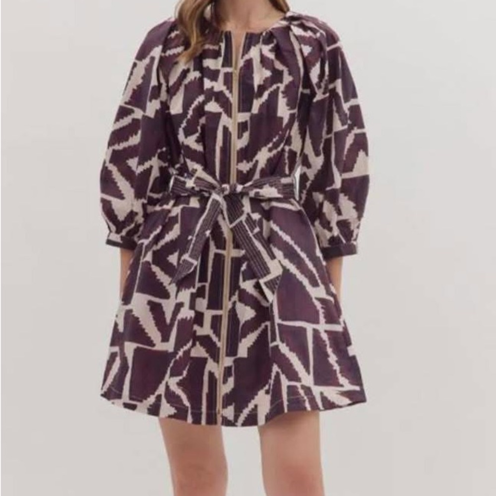 Entro Purple and Cream Patterned Tie-Waist Dress